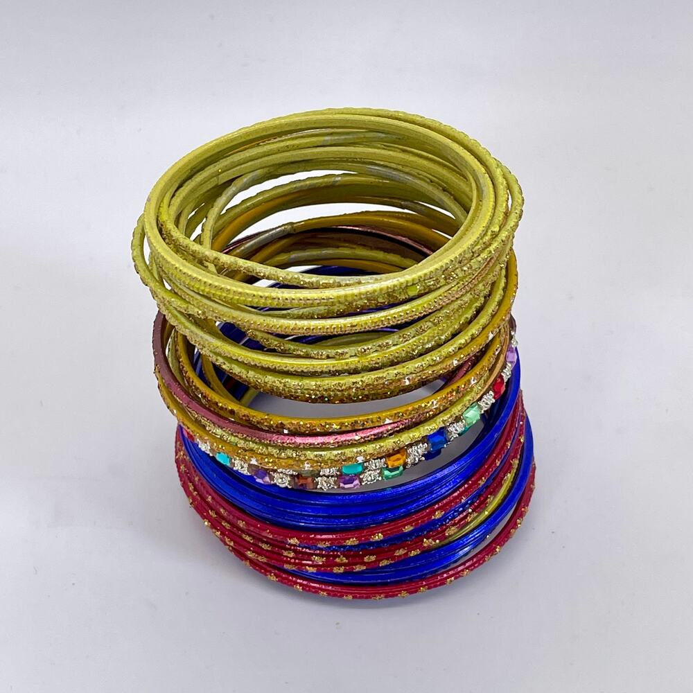 Stack of Vintage Indian Sparkle Bangles Multi-Color Metallic Y2K India Bollywood